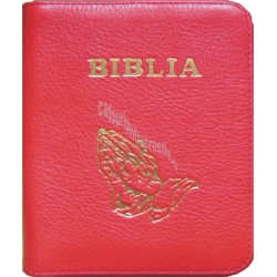 Biblia piele rosie, fermoar, piele - 13x19 cm
